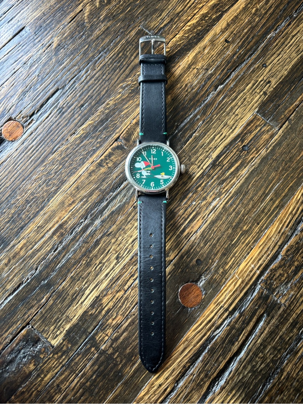 Timex Snoopy Watch with Green Dial and Black Leather Strap